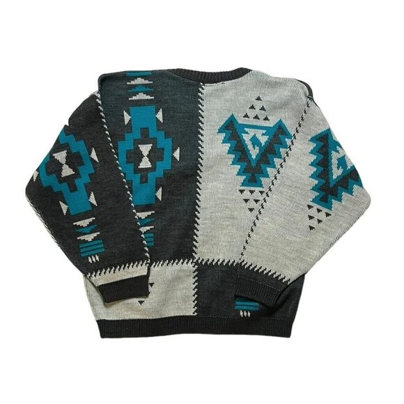 Vintage Justin Allen Size M Pull Over Bold Aztec Southwestern‎ Grey Teal Sweater - Picture 6 of 8